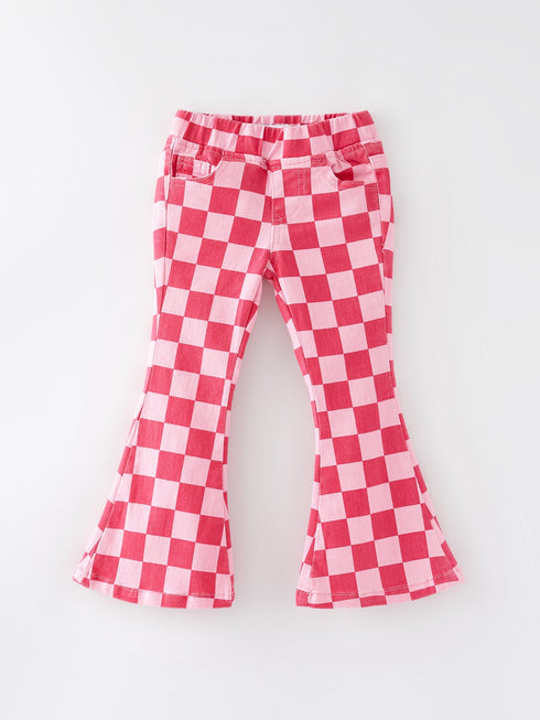 girls-pink-plaid-print-elastic-flared-pants-jeans Rylee Faith Designs - Sophia's StyleJeans-1